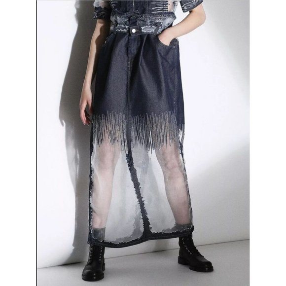 $598 Diesel Women’s F-S-01- Long Denim Skirt 084HI Transparent Effects Size 24